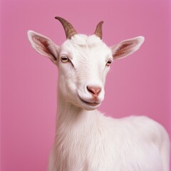 Adorable White Goat Portrait Against Pink Background