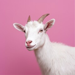 Fototapeta premium Adorable White Goat Portrait Against Pink Background