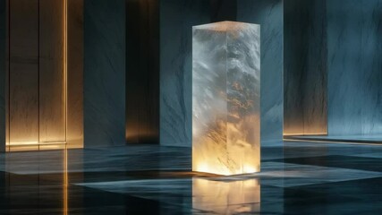 Illuminated crystal column glowing in mystical dark room ambience - Powered by Adobe