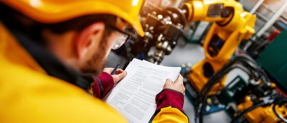 Industrial Engineer Inspecting Robotic Arm  Factory Automation  Manufacturing Process
