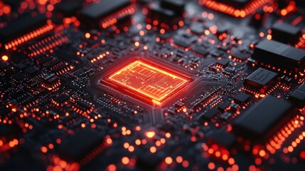 Fototapeta premium Close-up view of a glowing microchip on a circuit board with intricate patterns and connections