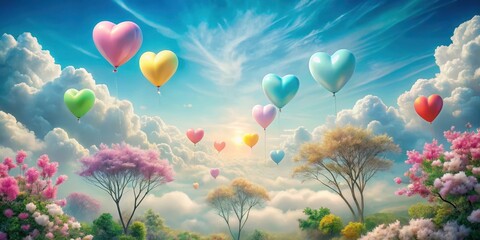 Fototapeta premium Heart-shaped balloons ascend amidst a dreamy landscape of blossoming trees and fluffy clouds, creating a whimsical and enchanting scene.