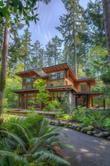  Sleek, modern home surrounded by lush forest with sustainable energy features