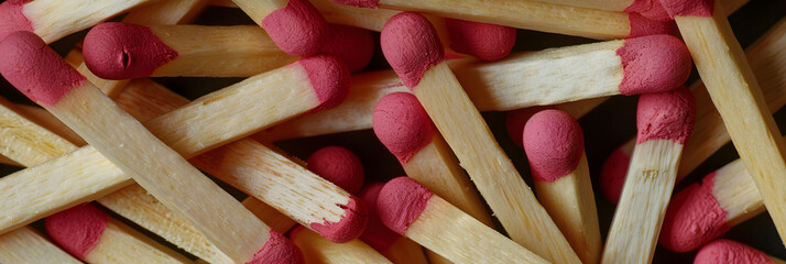 Close-Up of Randomly Arranged Wooden Matchsticks with Red and Pink Heads on a Plain Background