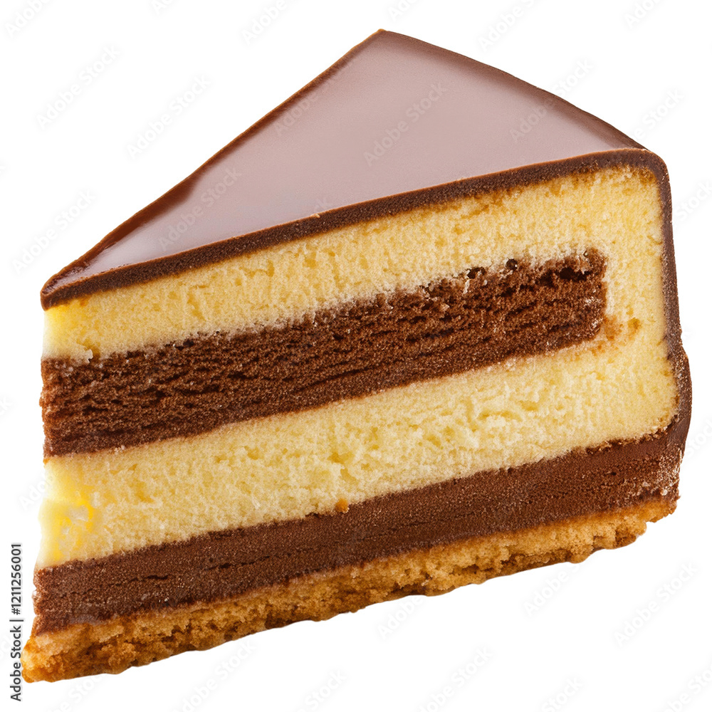 Poster a slice of cake with a chocolate layer and a vanilla layer