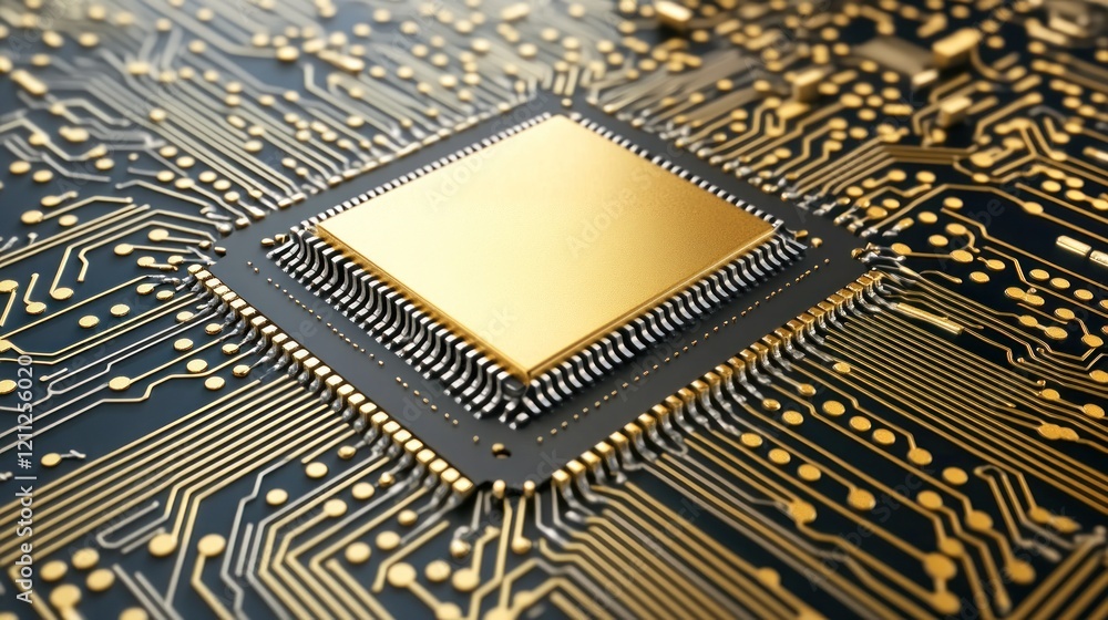 Poster golden microchip: a close-up view of advanced technology