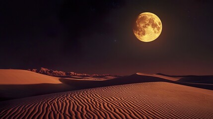 Golden moonlight illuminates textured ripples on sand dunes in a stark desert landscape under a dark night sky, emphasizing shadow and form.