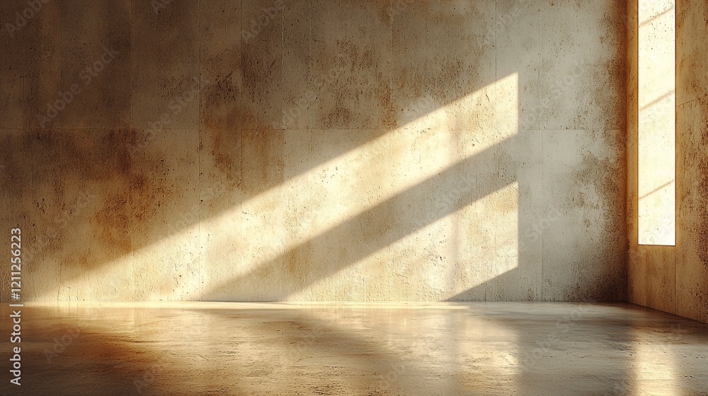 Poster sunlit empty room with textured wall and floor.