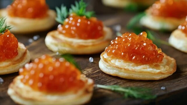 Elegant gourmet presentation of red caviar on blinis with fresh dill garnish