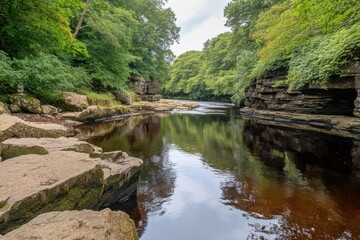 Obraz premium Serene Natural Landscape with Still Waters, Lush Green Trees and Rocky Riverbank, Capturing the Tranquility of Wilderness in a Picturesque Setting