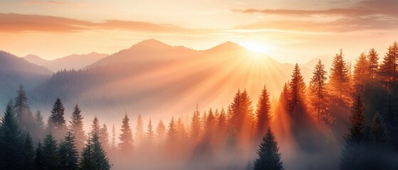 Obraz premium A breathtaking sunrise casts golden rays over a misty forest, with mountains in the background, creating a serene and magical atmosphere.