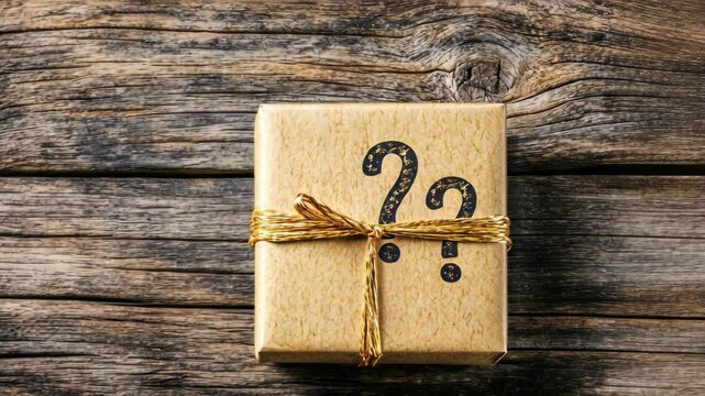 Mysterious golden gift box with question marks on rustic wooden table