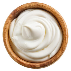 A bowl of white cream is sitting on a white background