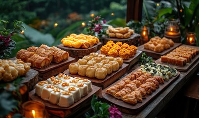 Assorted pastries displayed on wooden boards.