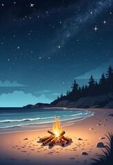 Nighttime Beach Bonfire Under Starlit Sky