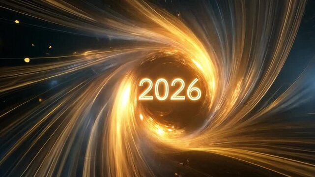 Golden Vortex of 2026:  A mesmerizing digital illustration depicting the year 2026 encircled by a swirling vortex of golden light, symbolizing new beginnings, technological advancement.