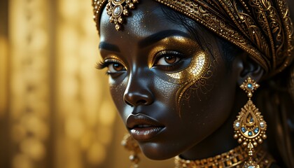 Golden Goddess Portrait Elegant Black Woman in Gold Jewelry