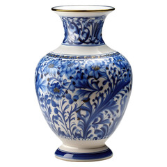A blue and white vase with a floral design sits on a white background