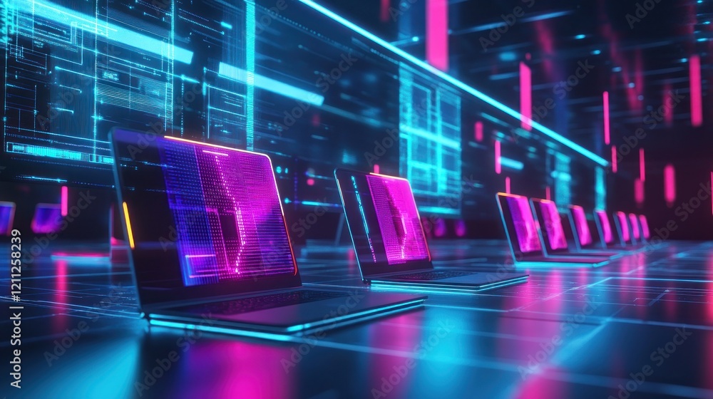 Poster cyberpunk neon network: digital data streams across a futuristic landscape