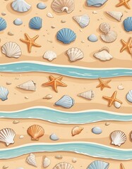 Naklejka premium Seashells Starfish And Ocean Waves On Sandy Beach