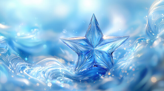 A sparkling, five-pointed, blue crystal star floats on a shimmering, abstract blue wave background.