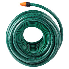 A green garden hose with a yellow nozzle