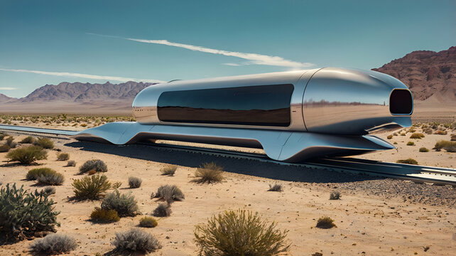 A hyperloop train traveling through a futuristic desert landscape

