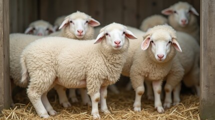 Fototapeta premium Sheep pen with white sheep, wooden fence, and straw bedding, calm and peaceful farm atmosphere.