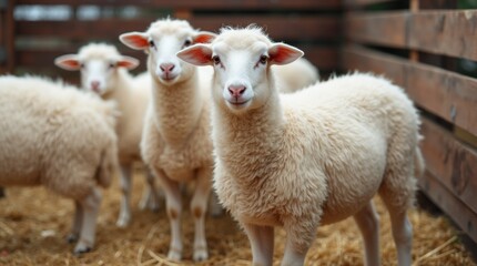 Obraz premium Sheep pen with white sheep, wooden fence, and straw bedding, calm and peaceful farm atmosphere.