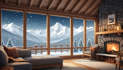 Fototapeta premium Cozy Cabin Winter Mountain View Fireplace Scene