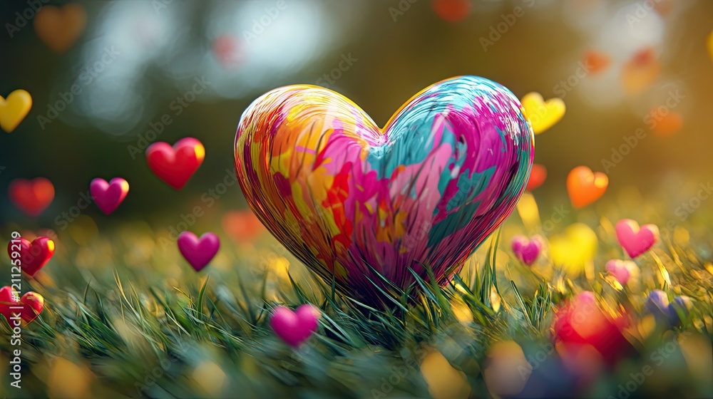 Fototapete large colorful heart highlighted in vibrant grass, with small surrounding hearts creating a whimsica
