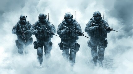 Elite soldiers advancing through foggy terrain