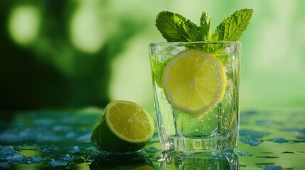 Fototapeta premium Refreshing lime drink in glass with mint leaves and sliced lemon and a sliced lime on a wet table