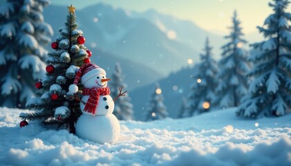 Fototapeta premium Snowman and Christmas tree in the foreground of a snowy landscape with snowflakes gently falling around them, wintry, serene, quiet