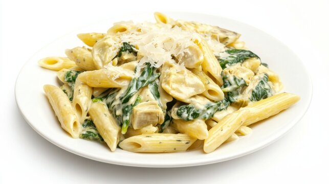 A plate of creamy spinach artichoke pasta with penne, spinach, artichoke hearts