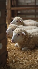 Naklejka premium Sheep resting in a pen with straw bedding, wooden fence, and soft wool, calm and rustic farm environment.