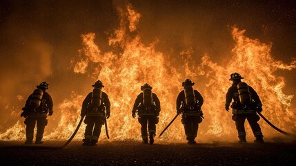 Fototapeta premium Firefighters battling a massive blaze at night