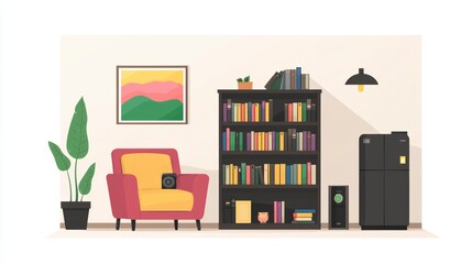Cozy Reading Room  Armchair  Bookshelves  Plant  Modern Library Interior