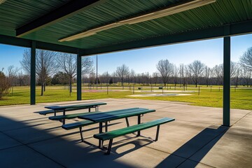 Serene Outdoor Pavilion with Green Picnic Tables and Open Green Space under Clear Blue Sky in a Tranquil Park Setting