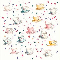 Colorful Teacups and Saucers Floating Amidst Petals