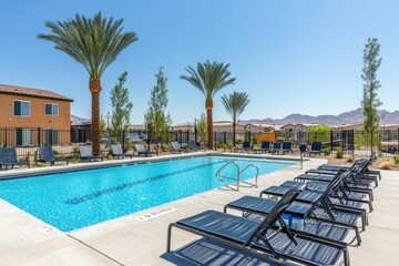 Fototapeta premium Serene Outdoor Pool Area with Lounge Chairs Surrounded by Palm Trees and Desert View in a Modern Residential Community