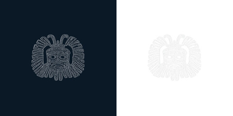 Intricate tribal design featuring a stylized face with a headdress on contrasting backgrounds