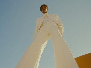 A low-angle shot captures a person in a striking white outfit against a deep blue sky, exuding confidence and elegance.