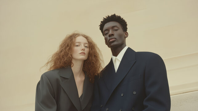 Two individuals dressed in sophisticated attire pose confidently, exuding strength and elegance against a plain backdrop.