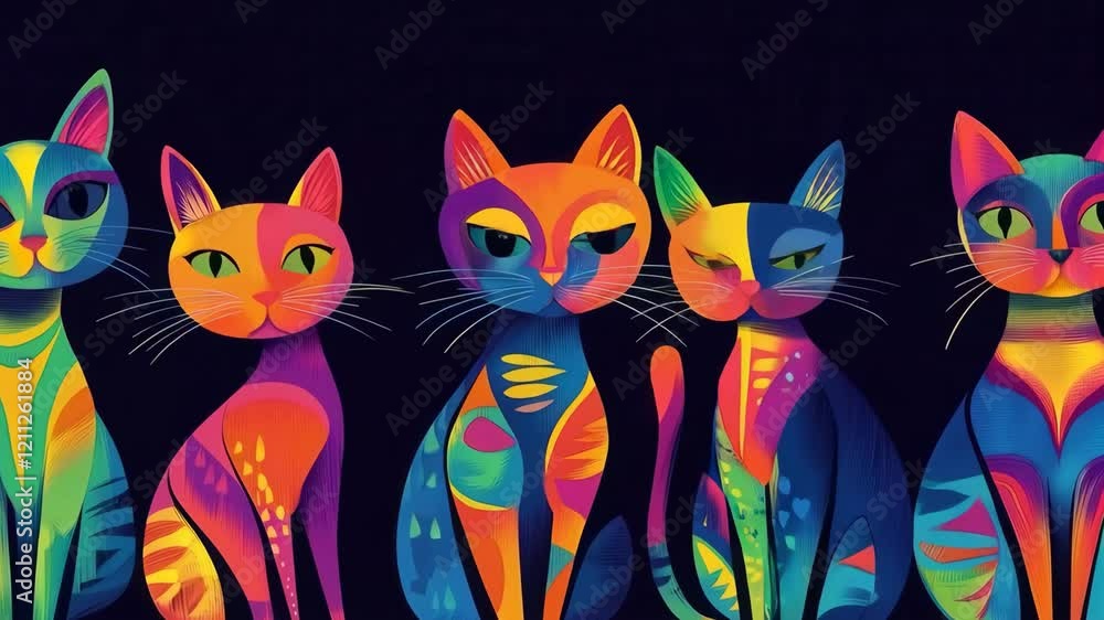 Poster Vibrant neon cats display colorful transformations in dynamic sequence