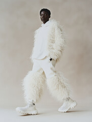 A person in avant-garde white attire, with textured fur details, strides confidently against a neutral backdrop, embodying modern fashion and elegance.
