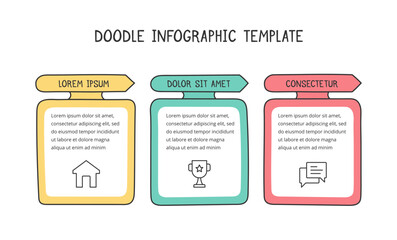 Three hand drawn arrows with frames for text, doodle infographics, vector eps10 illustration