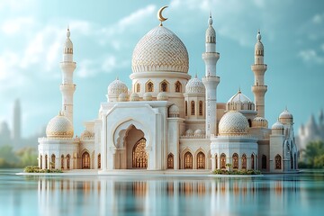 Fototapeta premium Islamic decoration background for Ramadan with lantern and mosque 3D rendering. 3D Illustration