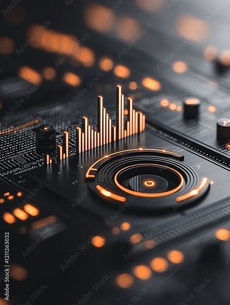 Poster information communication analysis, futuristic data analytics dashboard, flowing graphs and numbers,