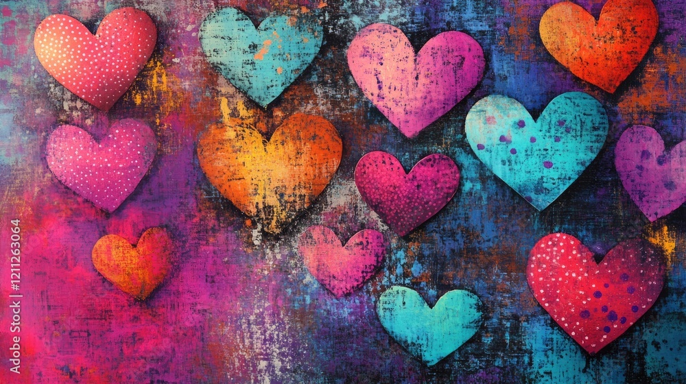 Poster patterned hearts with dots and textured details, blending seamlessly into a vibrant background.